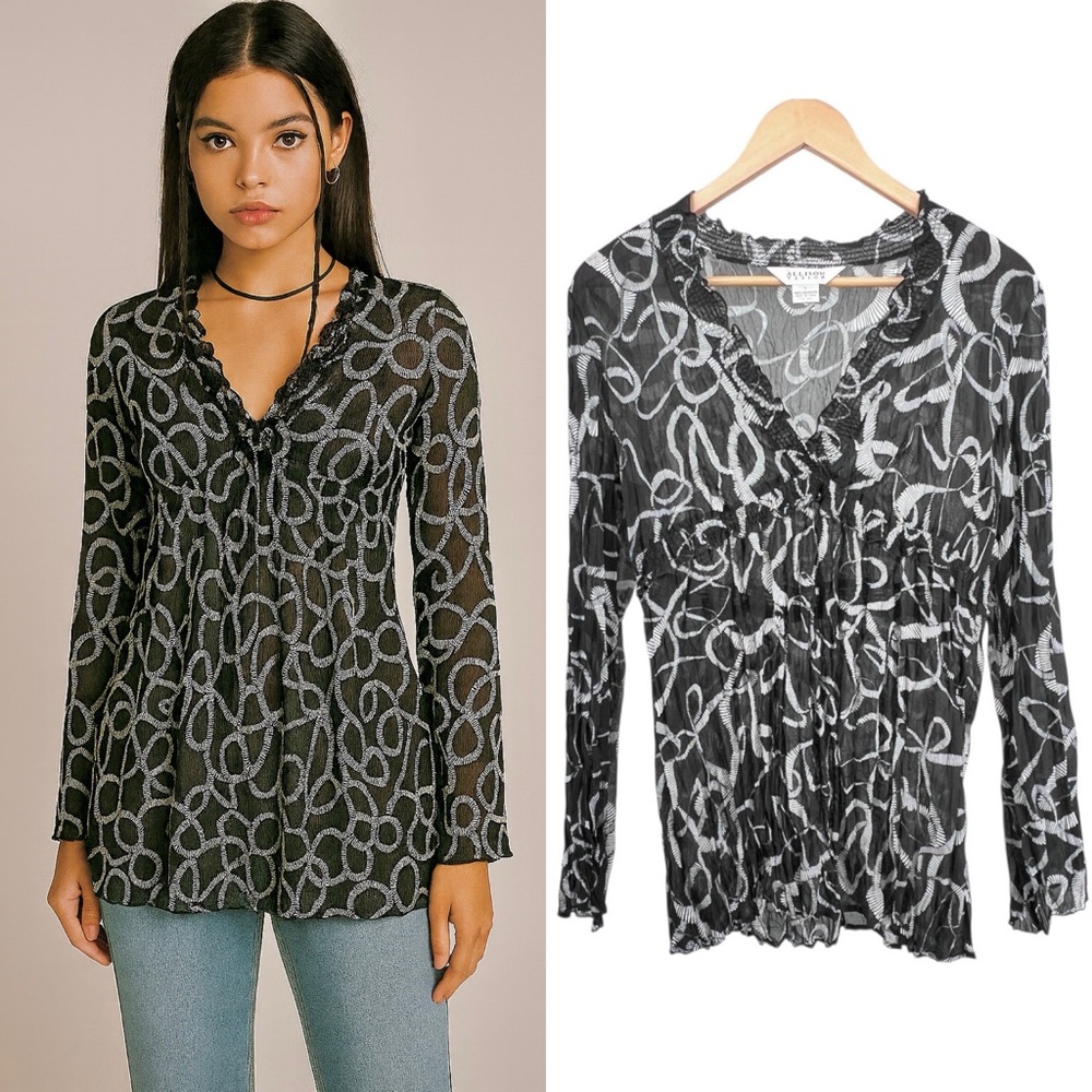 Allison Taylor Y2K Sheer Crinkle Top Sz L Black White Abstract Milkmaid Ruffle